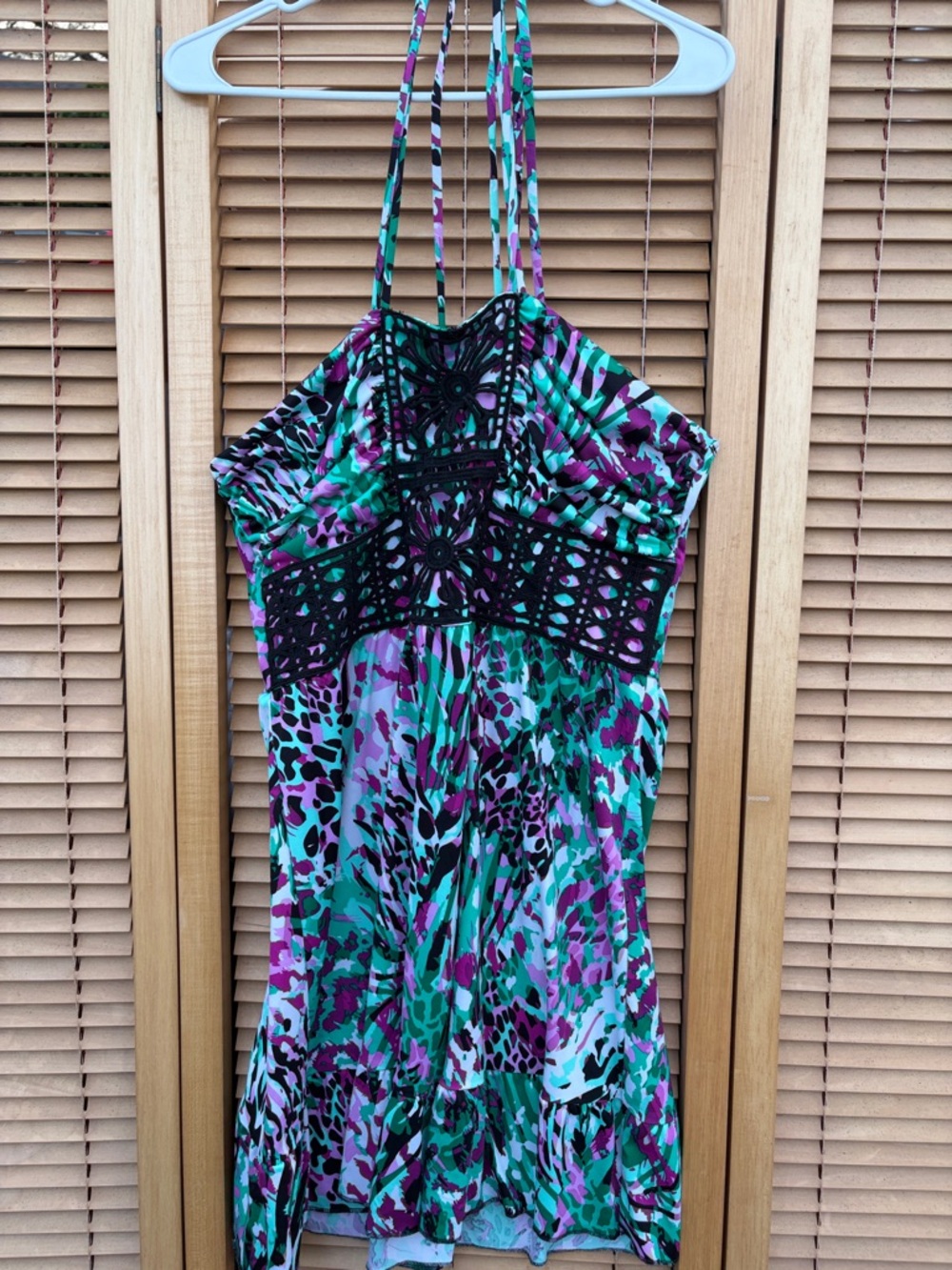 Susie Rose Vibrant Halter Dress in Teal, Purple & Black